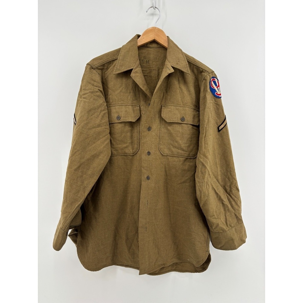 WWII US Army M1937 Shirt Mens Brown 9th Service Command Corporal 15x33 Vintage